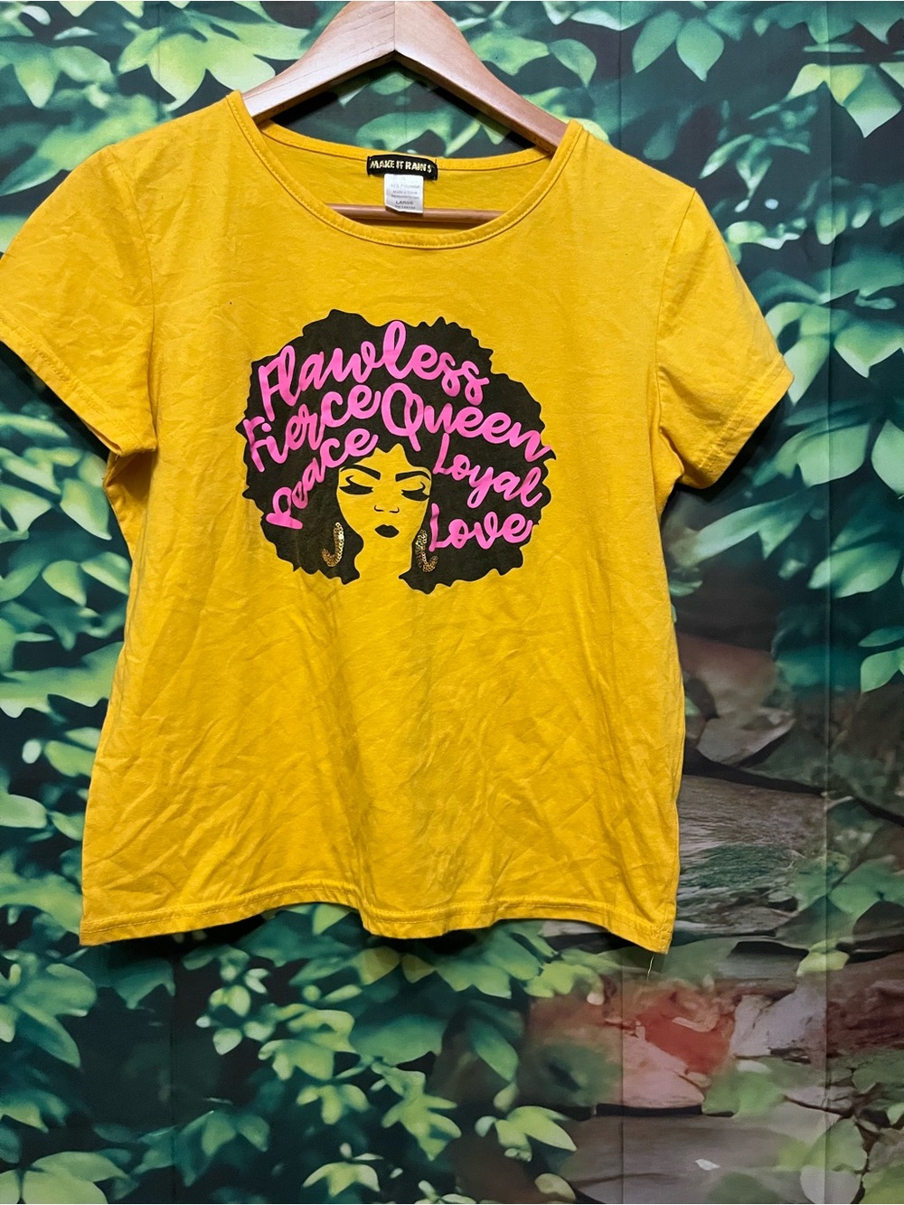 Source Unknown Mustard Yellow Crop Top with Black & Pink Graphic